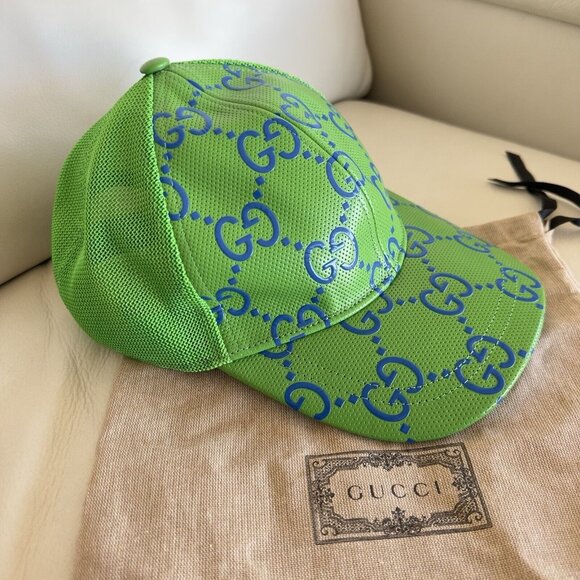 NWT Gucci - GG leather baseball cap Green BLUE GG Size M 100% Authentic main image 5